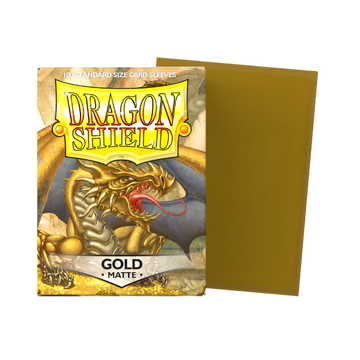 Dragon Shield gold matte card sleeves packaging with a gold card on a white background