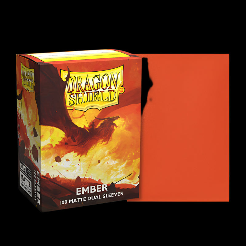 A box of Dragon Shield Standard Dual Matte Ember sleeves for trading card game cards. The packaging is predominantly orange with a dramatic image of a dragon on the front and text detailing the product's features.