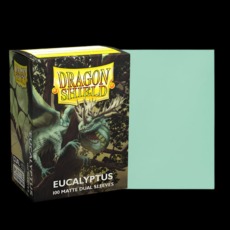 A box of Dragon Shield Standard Dual Matte Eucalyptus sleeves for trading card game cards, with 100 matte texture sleeves depicted on the cover.