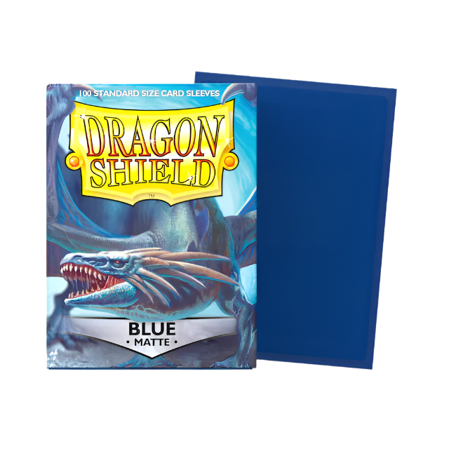 A pack of Dragon Shield standard size card sleeves in matte blue, designed for protecting trading card game cards.