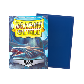 A pack of Dragon Shield standard size card sleeves in matte blue, designed for protecting trading card game cards.