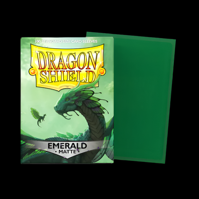 A pack of Dragon Shield standard matte emerald sleeves for card game cards, with a sleeve size visible on the packaging.