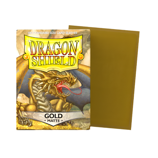 Dragon Shield gold matte card sleeves packaging with a gold card on a white background